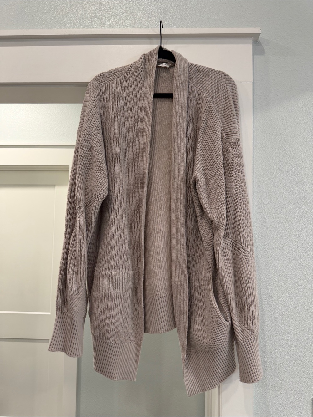 Open-Front Cozy Ribbed Cardigan Sweater — Taupe